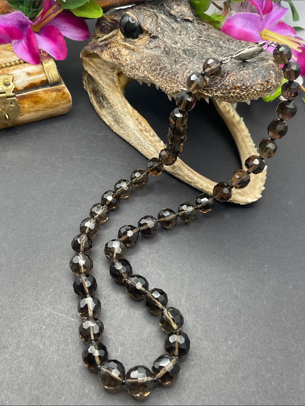 Smoky quartz faceted necklace vintage B64